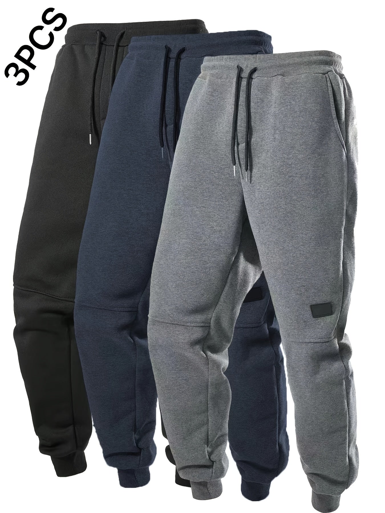 3pcs Solid Color Men's Casual Joggers With Pockets