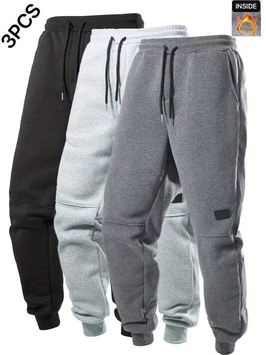 3pcs Solid Color Men's Casual Joggers With Pockets