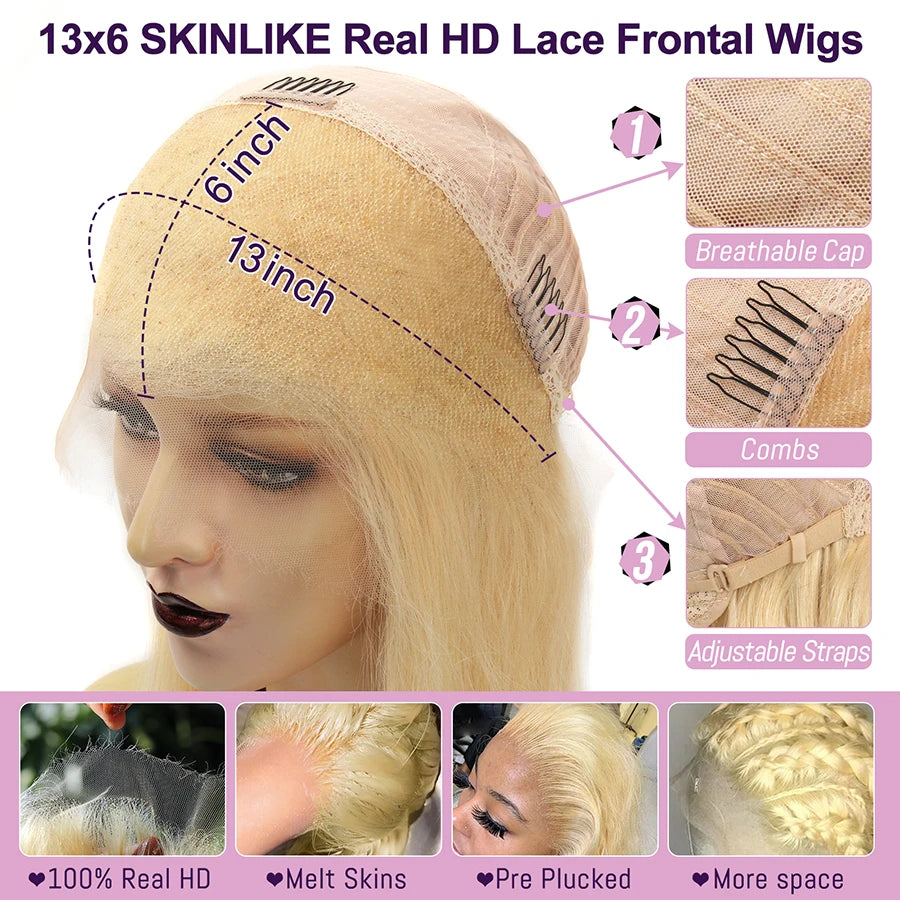 613 Blonde 13X6 HD Lace Full Frontal Wigs Straight Human Hair Wigs Pre Plucked