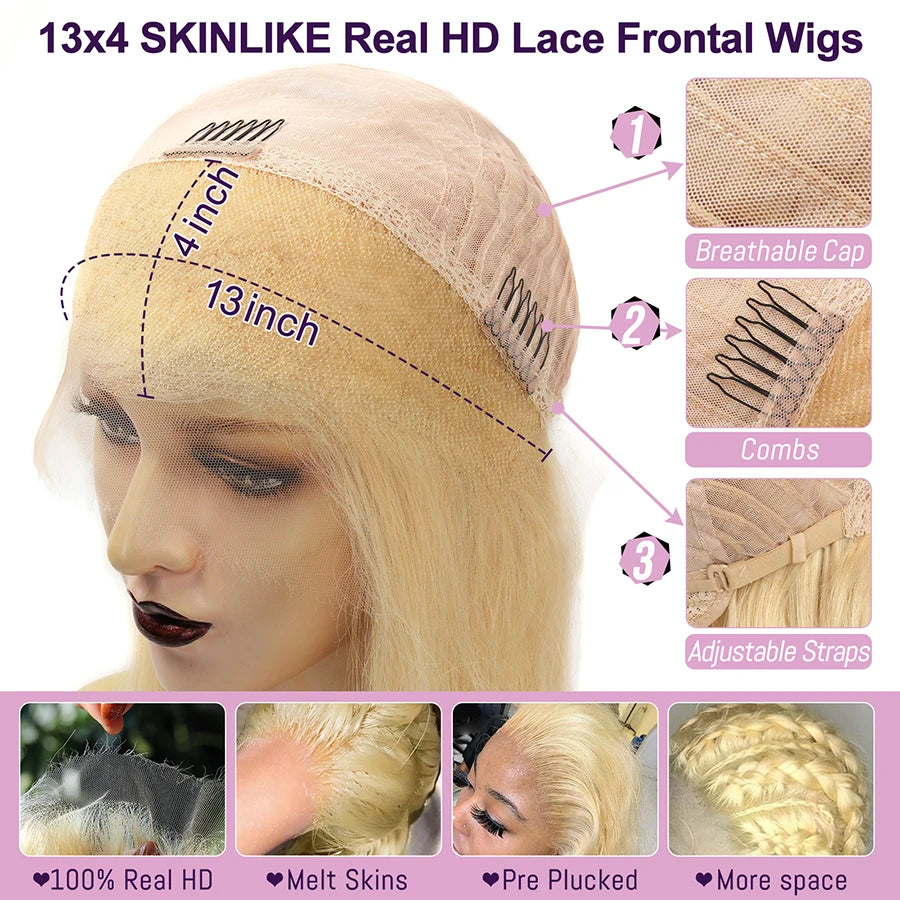 613 Blonde 13X6 HD Lace Full Frontal Wigs Straight Human Hair Wigs Pre Plucked